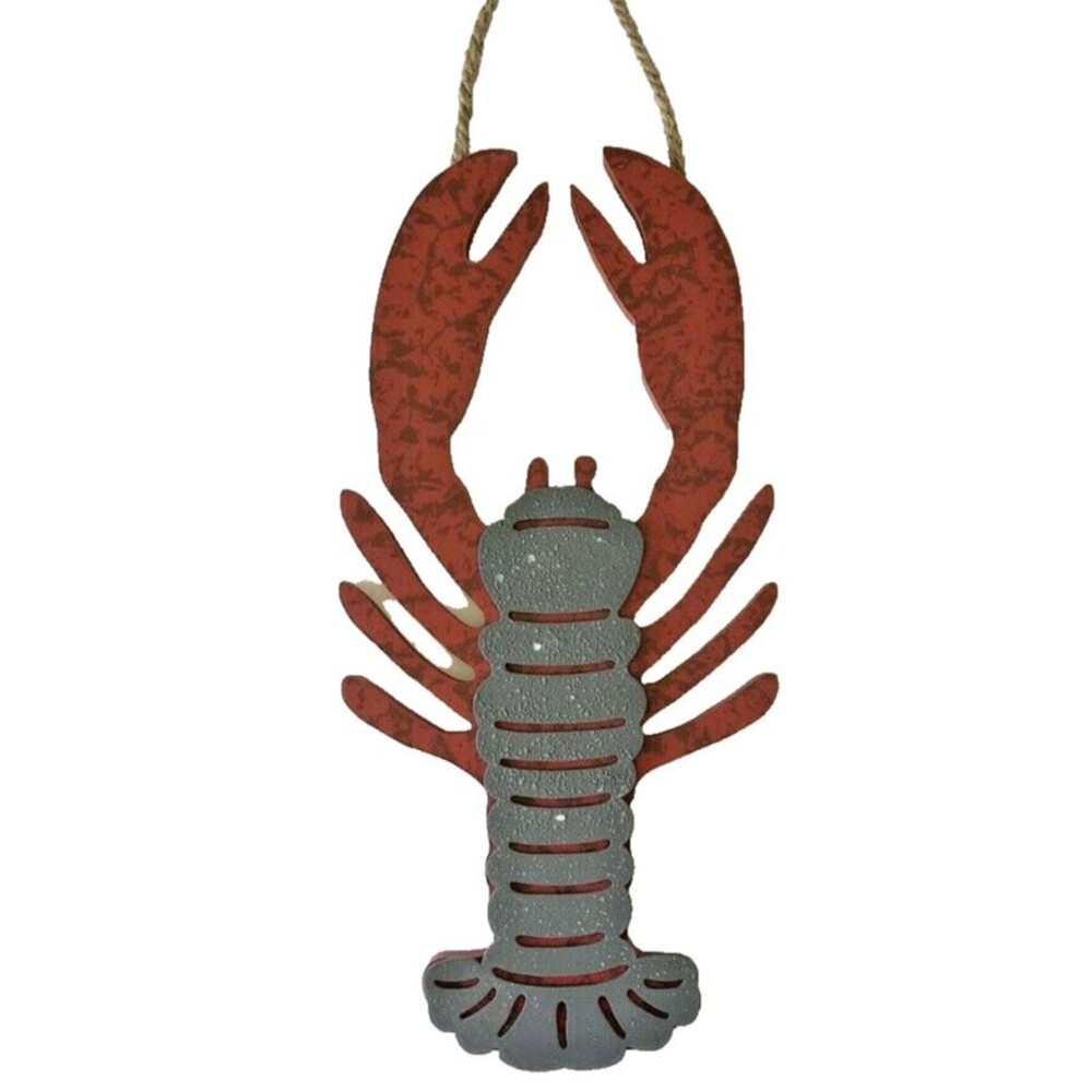 Lobster Sign Plaque Wooden Cut Out Red Gray Summer Beach House BBQ 16x8"
